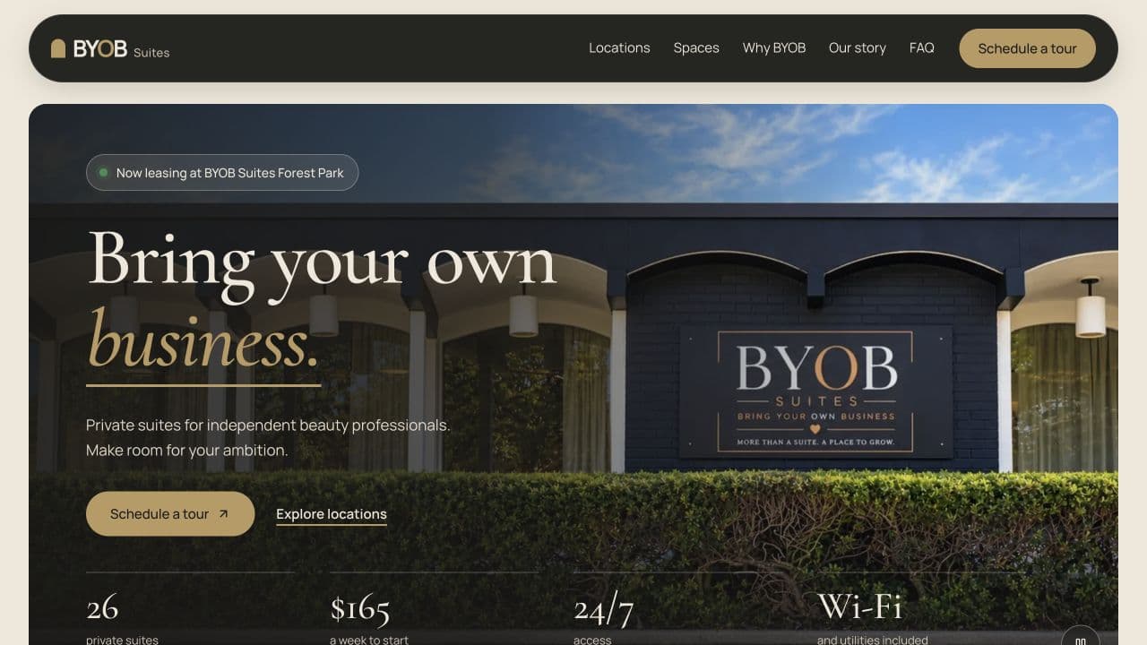 BYOB Suites website, showing the building and tour scheduling link
