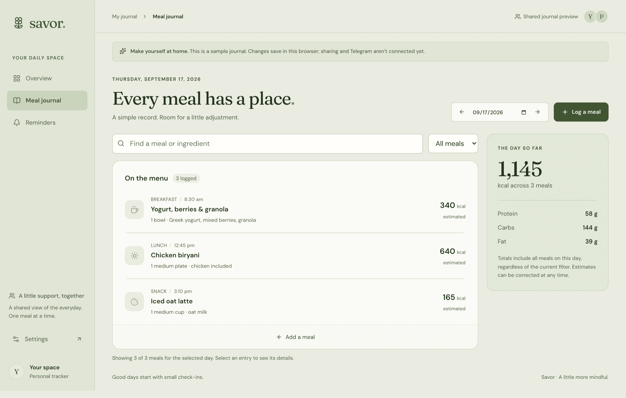 Savor meal journal